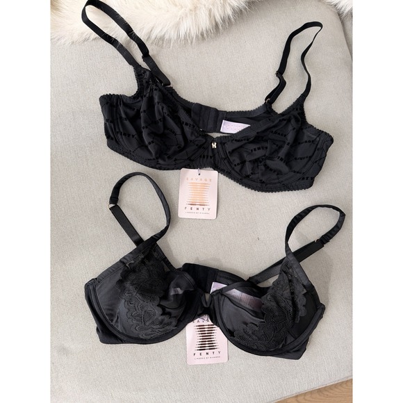 Savage X Fenty Other - Savage X Fenty Bra Set Womens 36C Black NWT Lace Mesh Flocked Logo 2 Pack